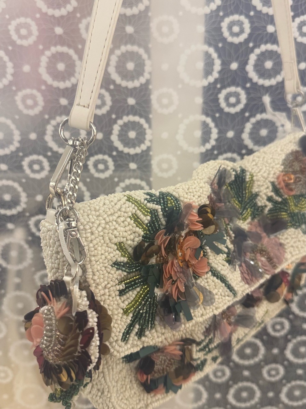 Beaded Floral Clutch Shoulder Bag in Cream